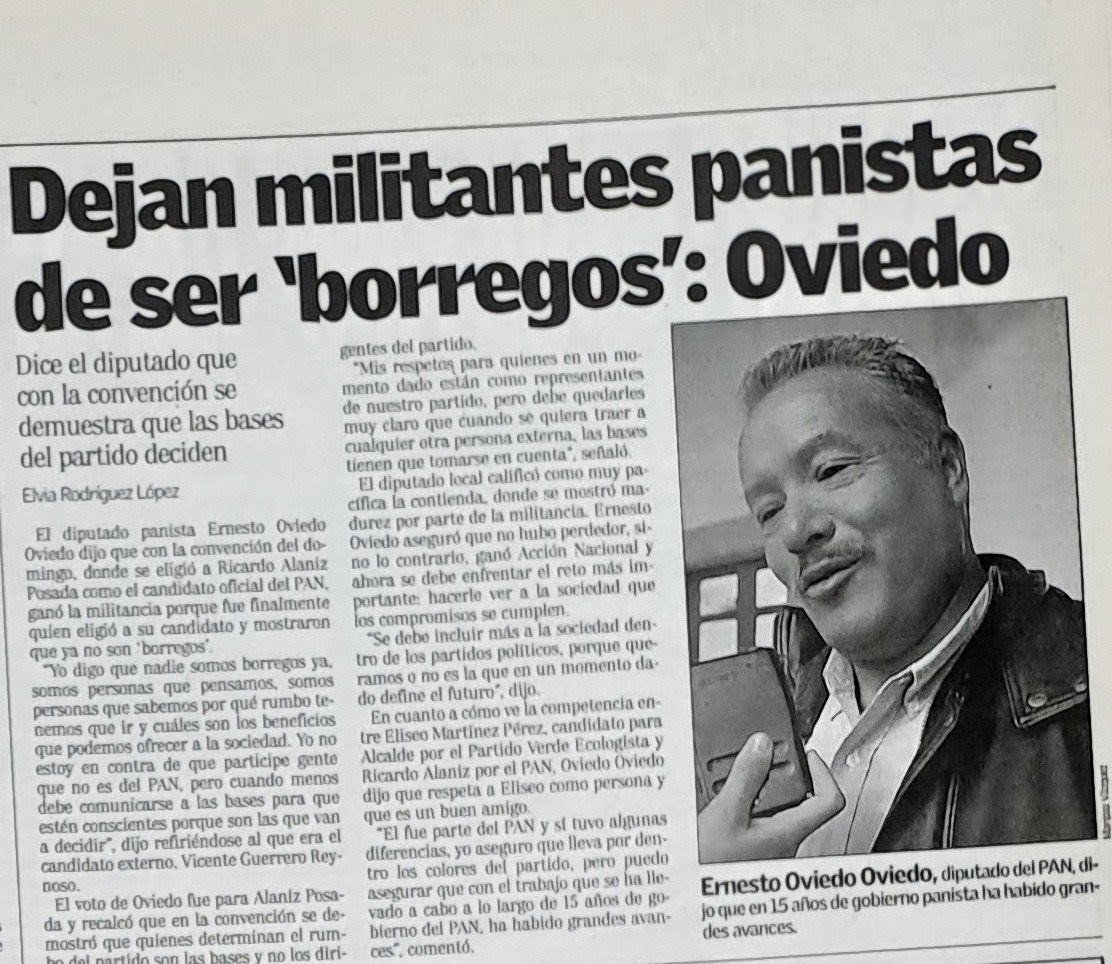 Nota de a.m. con la cabeza «Dejan militantes panistas de ser ‘borregos’: Oviedo» y la foto del diputado Ernesto Oviedo Oviedo.