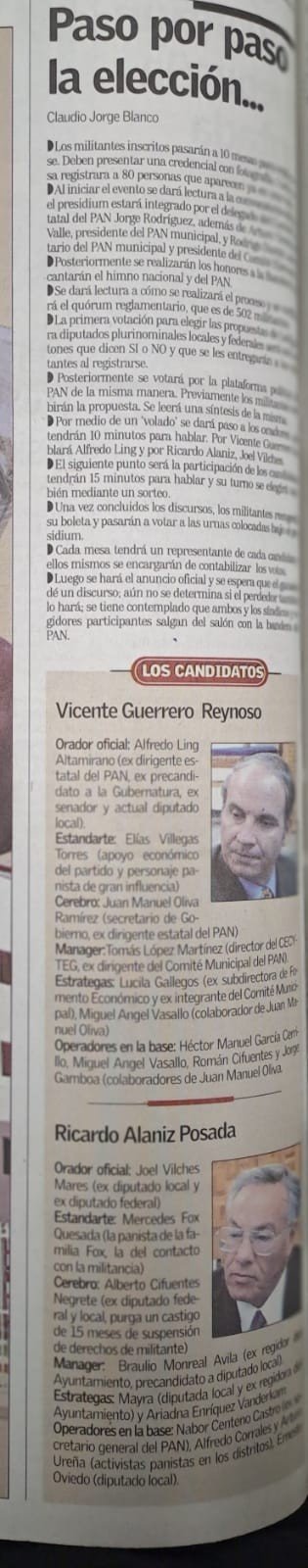 Columna de a.m. «Paso por paso la elección» con la lista de los equipos de Vicente Guerrero Reynoso y Ricardo Alaniz Posada.