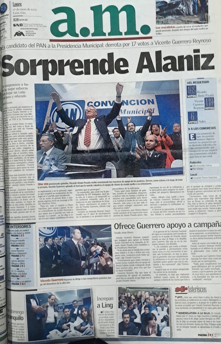 Portada de a.m. del lunes 27 de enero de 2003 con la cabeza «Sorprende Alaniz» y la foto del candidato con los brazos en alto en la convención municipal del PAN.