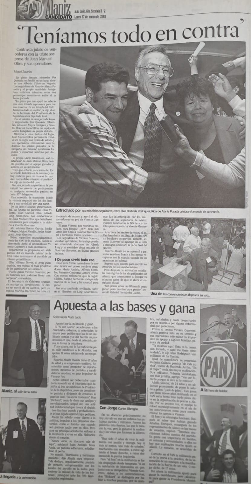 Página de a.m. del 27 de enero de 2003 con la cabeza «Teníamos todo en contra» y la foto de Ricardo Alaniz Posada abrazado por sus seguidores.