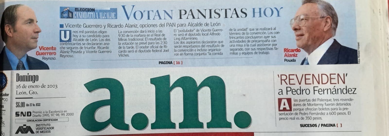 Portada de a.m. del domingo 26 de enero de 2003 con las fotos de Vicente Guerrero y Ricardo Alaniz bajo la cabeza «Votan panistas hoy».