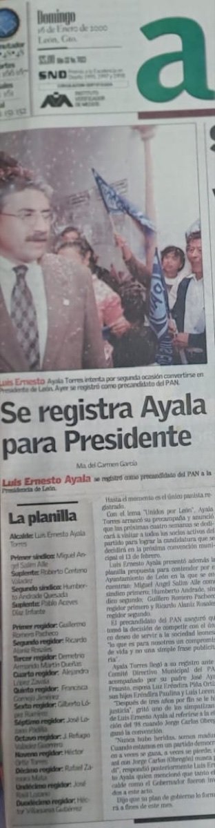 Página de am del 16 de enero de 2000: «Se registra Ayala para Presidente», con la planilla completa.