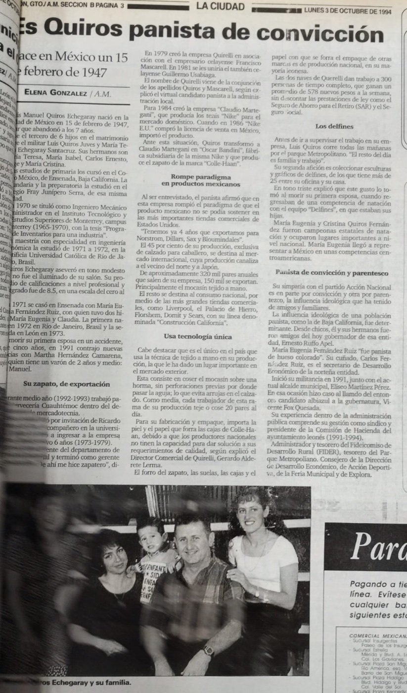 Perfil publicado en am el 3 de octubre de 1994: «Es Quiros panista de convicción», con una fotografía familiar.