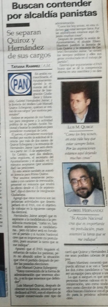 Nota de am de 1994: «Buscan contender por alcaldía panistas. Se separan Quiroz y Hernández de sus cargos», con los retratos de ambos.