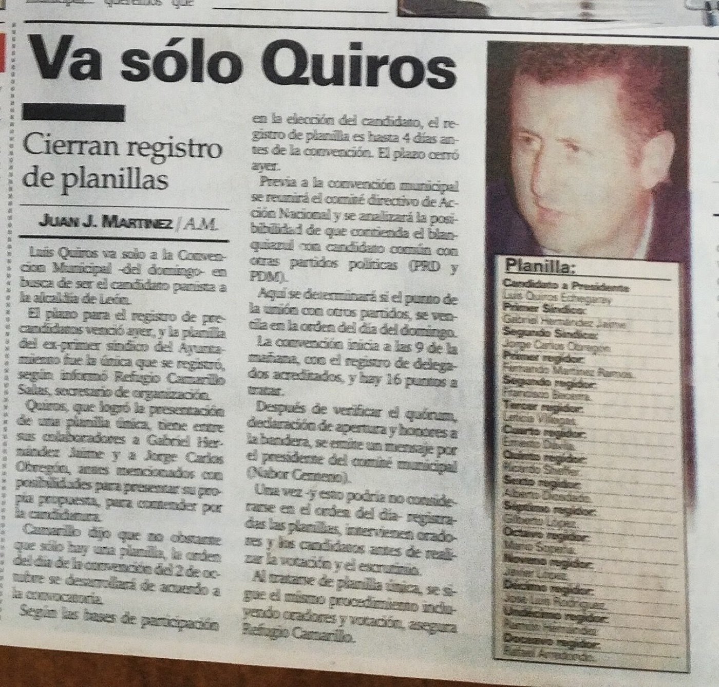 Nota de am: «Va sólo Quiros. Cierran registro de planillas», con la planilla completa.