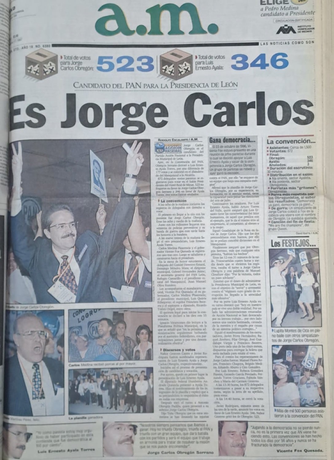 Primera plana de am de 1997 con el titular «Es Jorge Carlos» y el marcador de la convención: 523 votos contra 346.