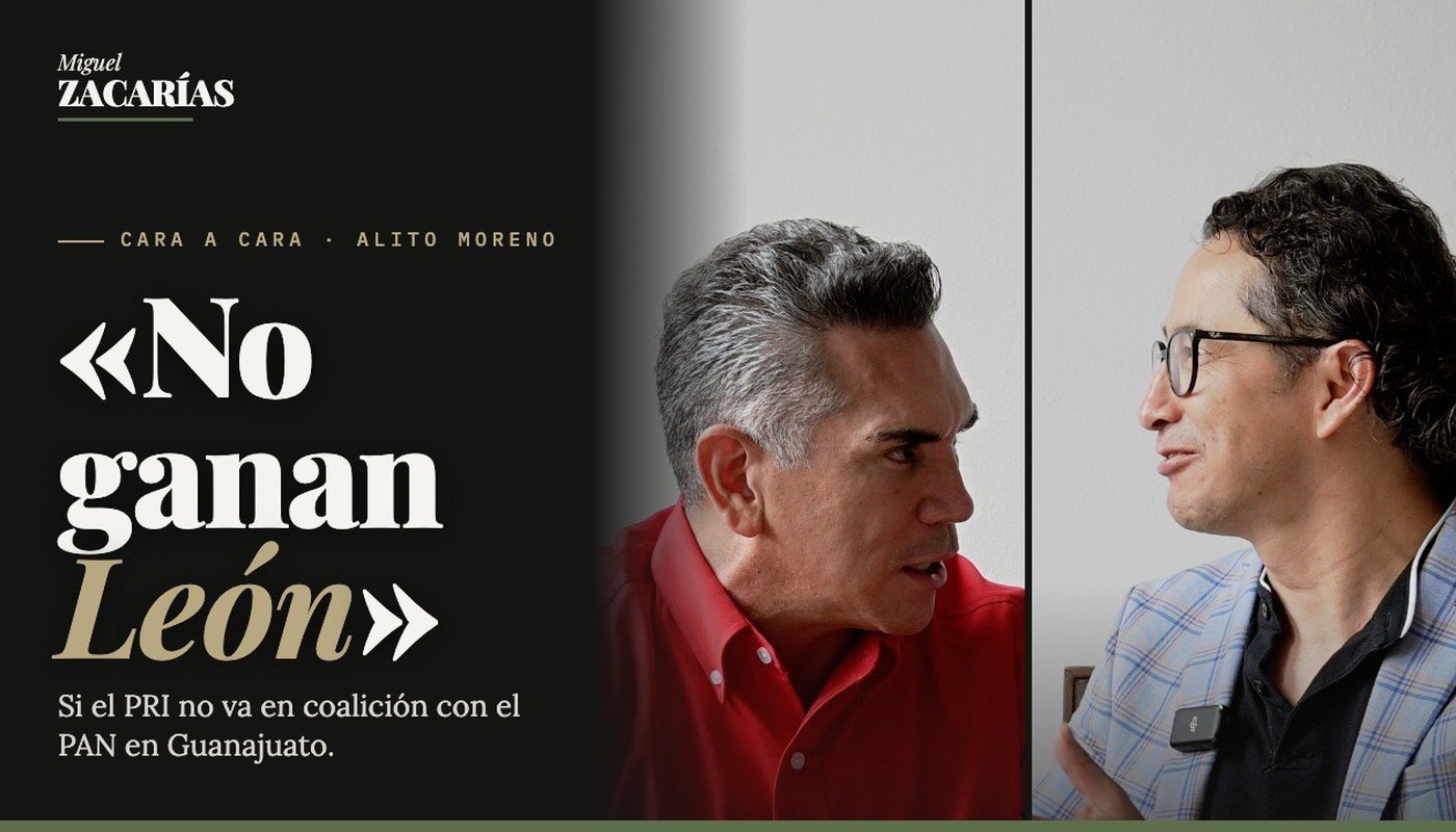 Alito Moreno y Miguel Zacarías conversan frente a frente; a la izquierda, la frase «No ganan León».