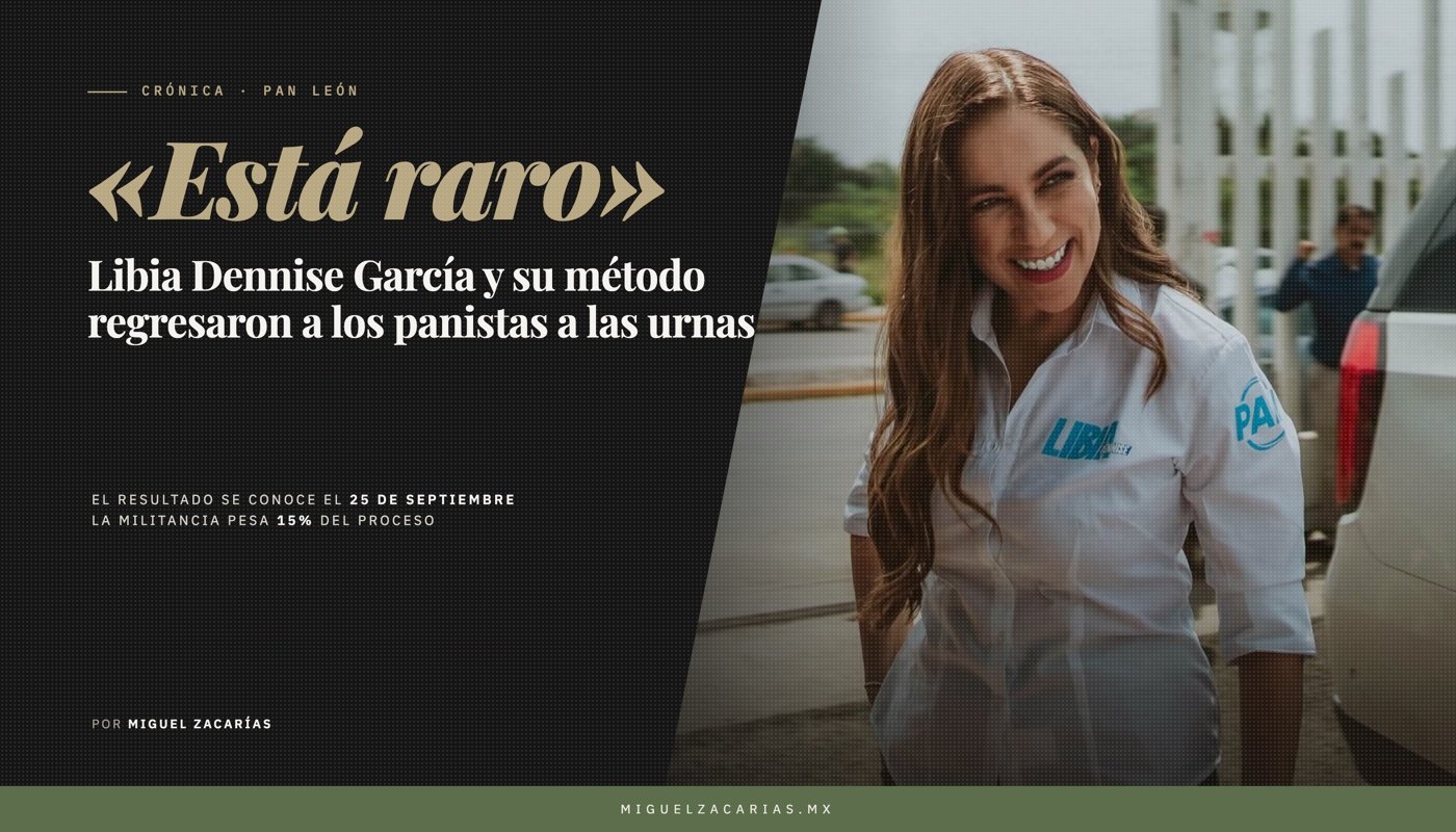 La gobernadora Libia Dennise García Muñoz Ledo sonríe a su llegada al comité municipal del PAN en León, junto al título «Está raro».