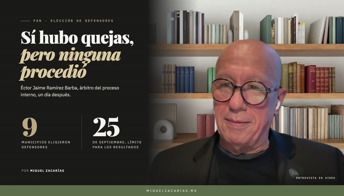 Éctor Jaime Ramírez Barba, con lentes redondos, sonríe durante la entrevista en video frente a un librero, junto al título «Sí hubo quejas, pero ninguna procedió».