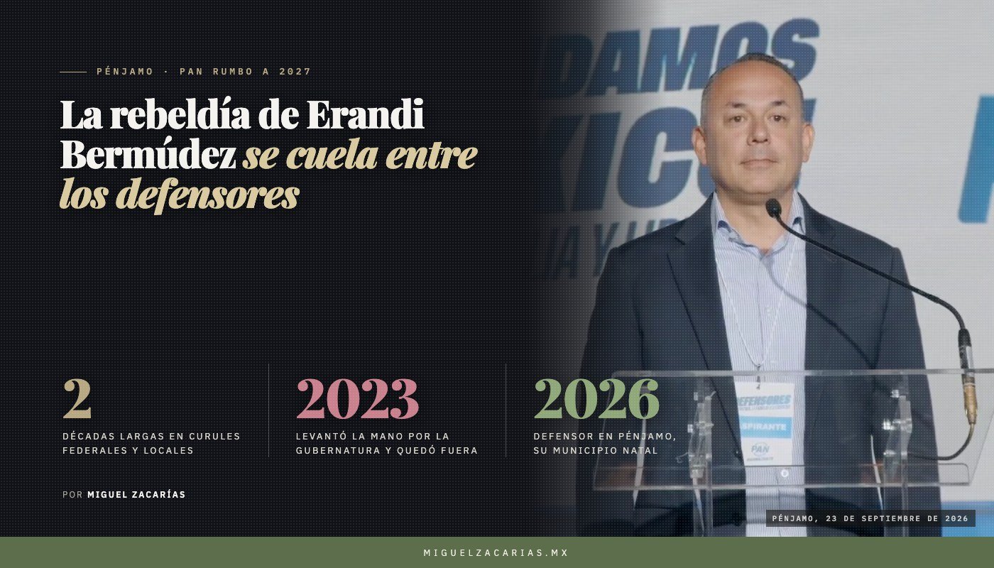 José Erandi Bermúdez habla en la tribuna del proceso de defensores del PAN, con gafete de aspirante.