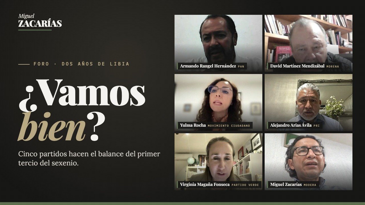 Portada del foro «¿Vamos bien?»: Armando Rangel (PAN), David Martínez (Morena), Yulma Rocha (MC), Alejandro Arias (PRI), Virginia Magaña (Verde) y Miguel Zacarías, moderador.