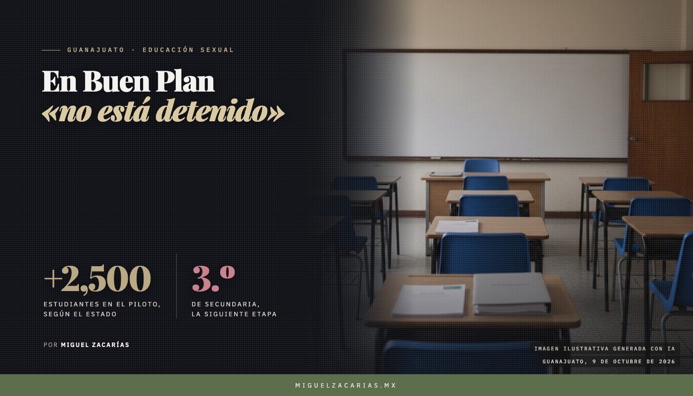 Un salón de secundaria vacío, con pupitres, sillas azules y material sobre las mesas. Imagen ilustrativa generada con IA.