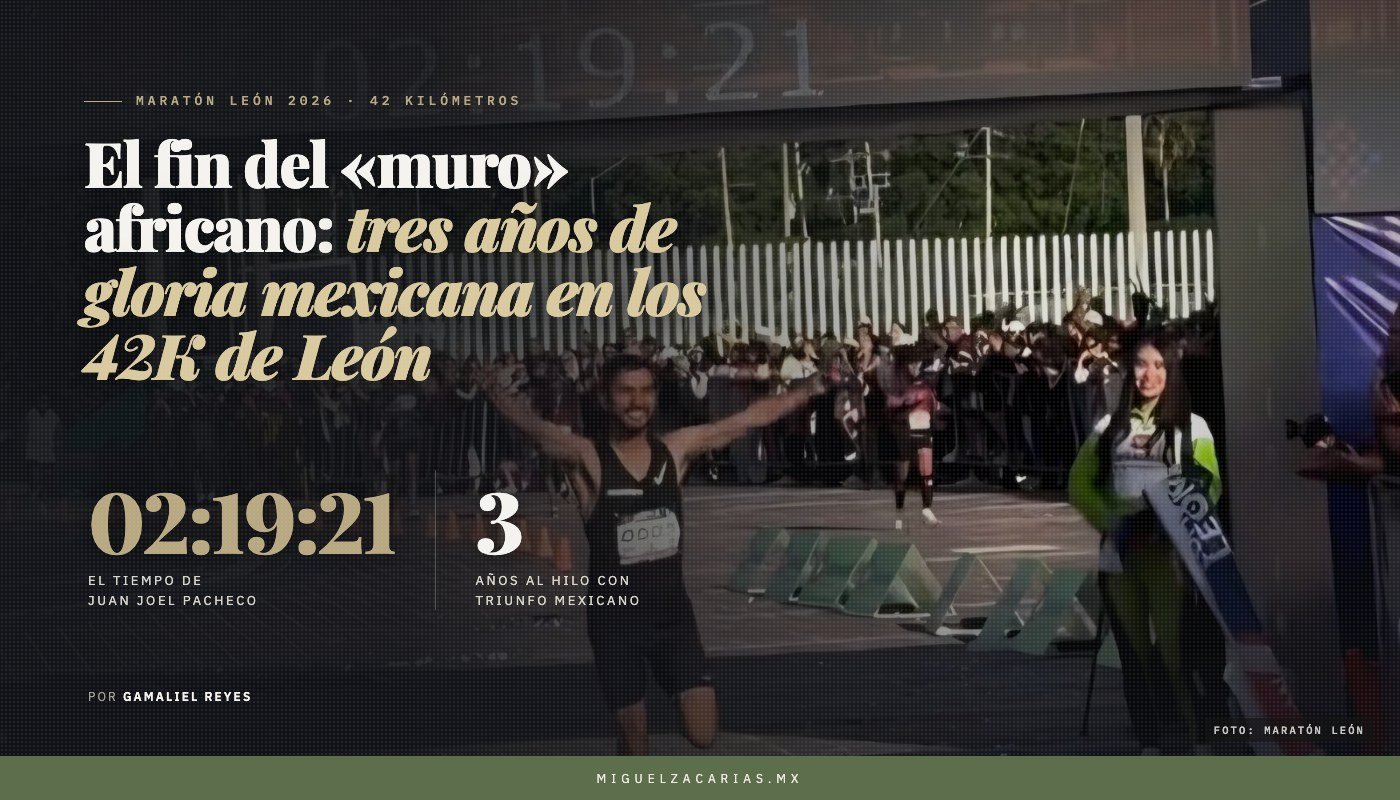 Juan Joel Pacheco cruza la meta del Maratón León 2026 con los brazos en alto; el reloj marca 02:19:21.
