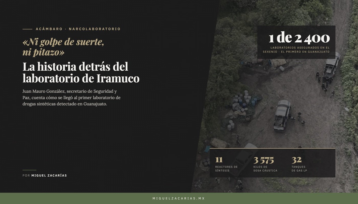 Vista aérea del operativo en Iramuco con las cifras del aseguramiento: 11 reactores, 3,575 kilos de sosa cáustica y 32 tanques de gas LP.