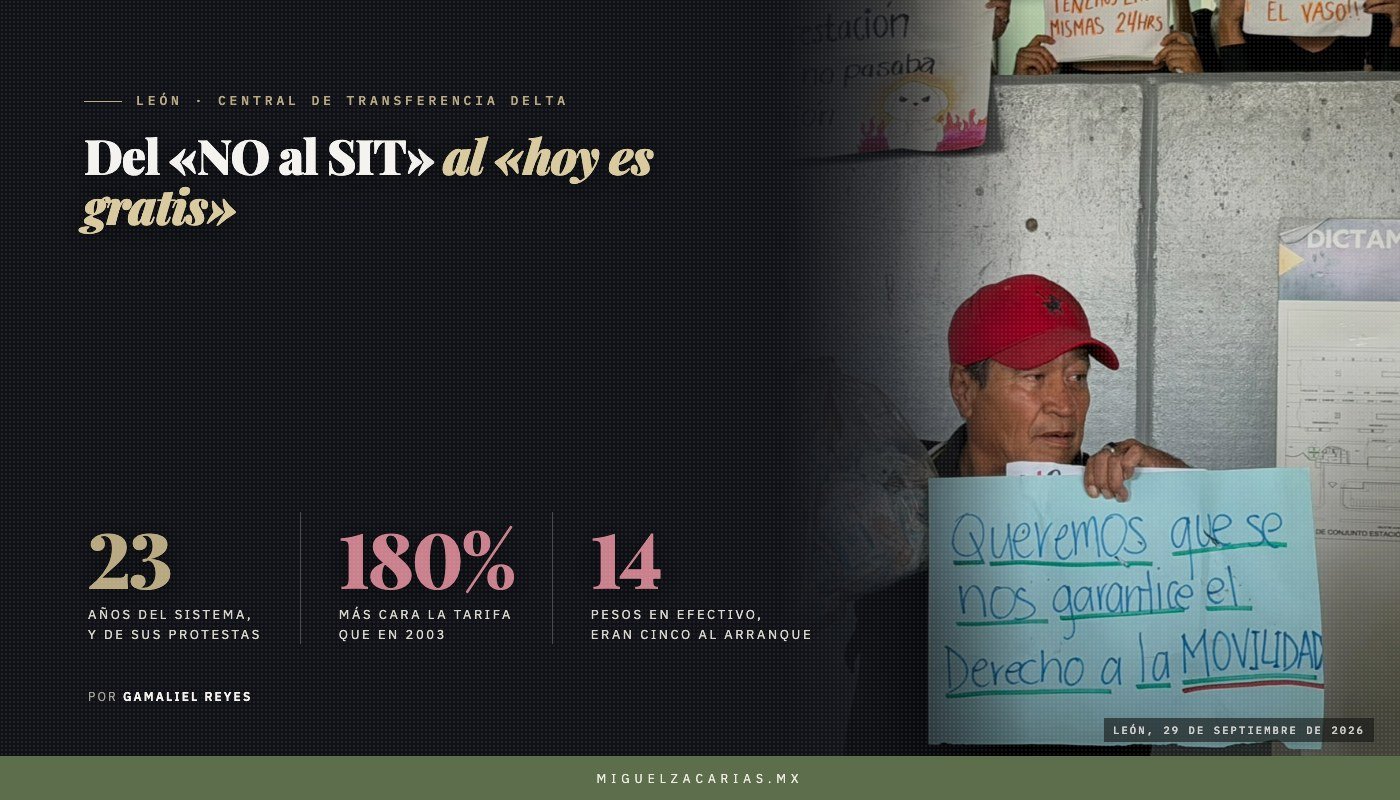 Un usuario del SIT con gorra roja sostiene una pancarta que pide garantizar el derecho a la movilidad, durante la protesta en la terminal Delta