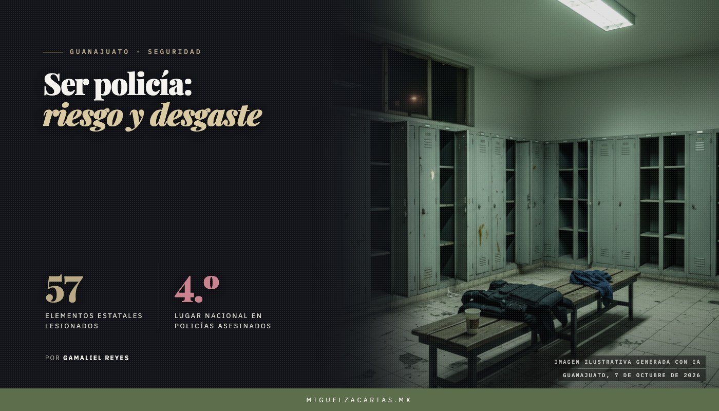 Un vestidor de policía vacío de noche, con casilleros metálicos y un chaleco táctico sin insignias sobre una banca, junto a un vaso de café. Imagen ilustrativa generada con IA.