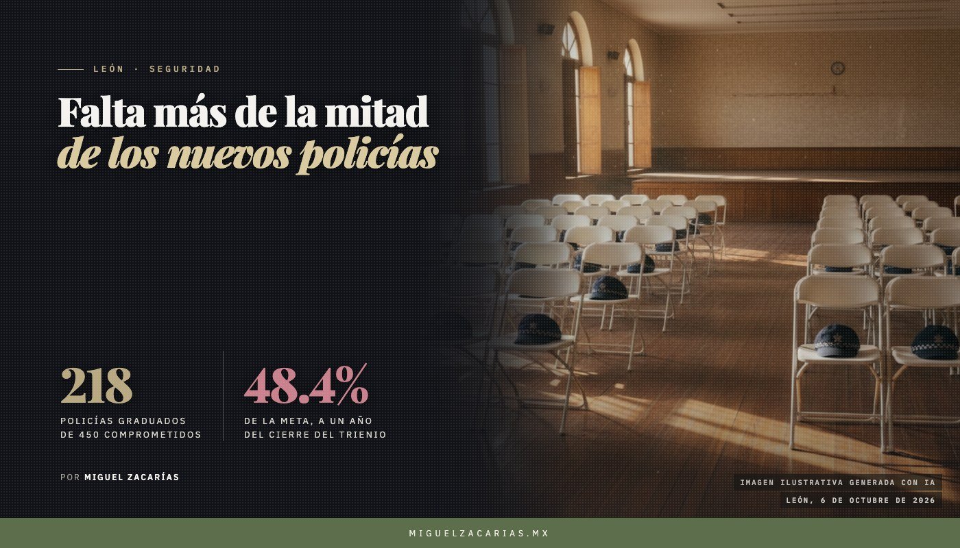 Sillas plegables de una graduación en un auditorio vacío, con gorras de policía sólo en las primeras filas. Imagen ilustrativa generada con IA.