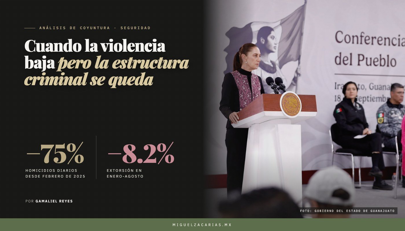 La presidenta Claudia Sheinbaum en el atril de la conferencia matutina en Irapuato, con integrantes del gabinete de seguridad sentados detrás.