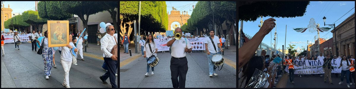 La banda de guerra de la marcha, con tambores y corneta, y una imagen religiosa cargada por los asistentes