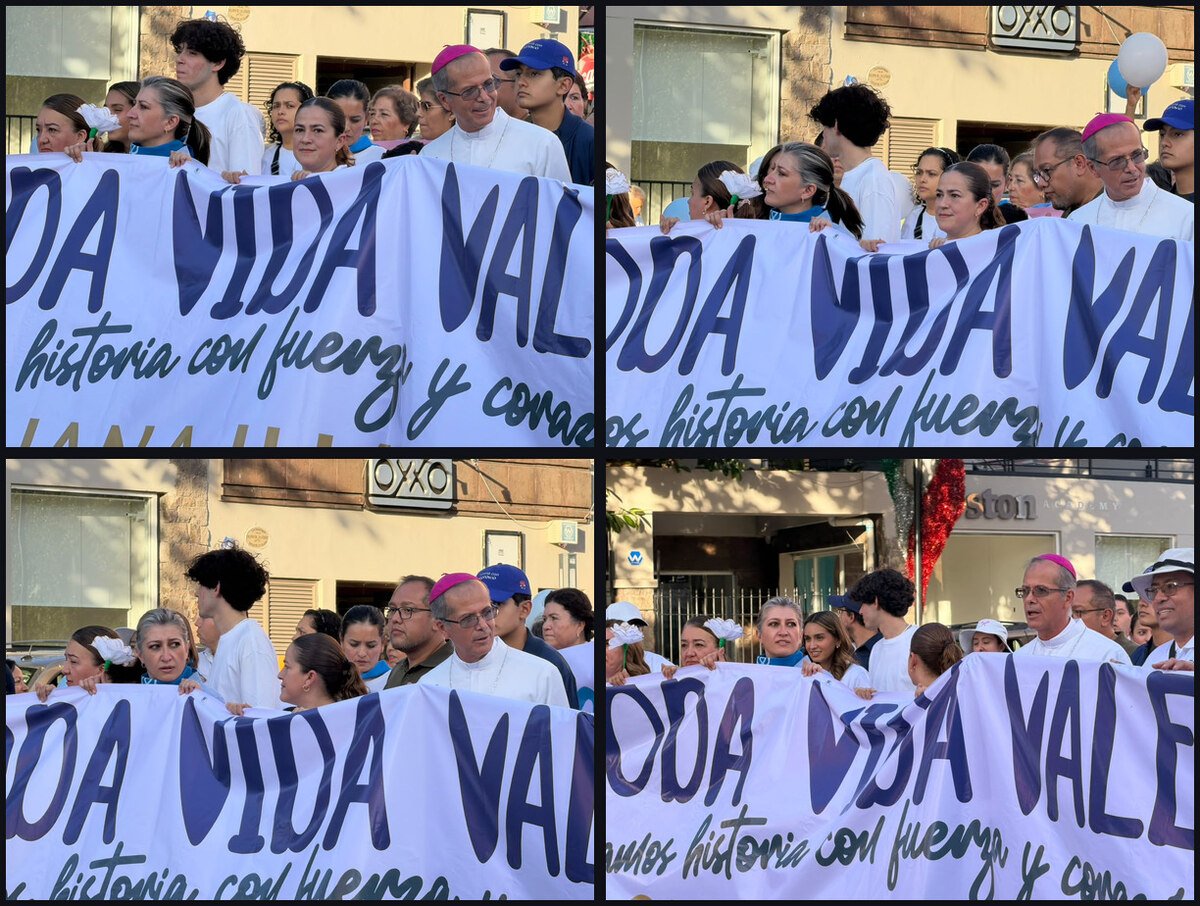 Cuatro planos del contingente principal de la marcha sosteniendo la lona «Toda vida vale»
