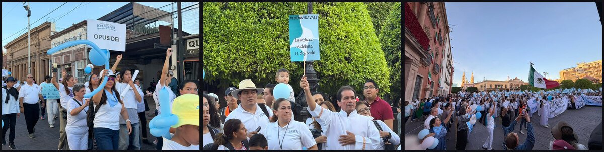 Tres imágenes de la marcha: una bandera de México con la leyenda «No al aborto», una manta del Opus Dei y asistentes con globos
