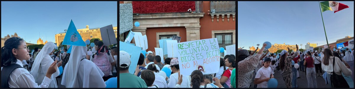 La Plaza Principal de León llena de asistentes con globos blancos y azules