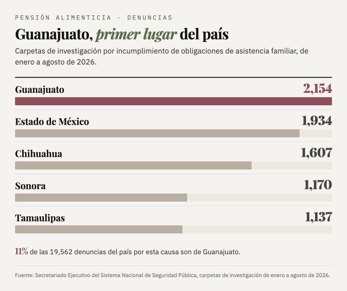 Las cinco entidades con más carpetas de investigación por incumplimiento de obligaciones de asistencia familiar, enero a agosto de 2026: Guanajuato 2,154; Estado de México 1,934; Chihuahua 1,607; Sonora 1,170 y Tamaulipas 1,137. Guanajuato concentra el 11% de las 19,562 del país.