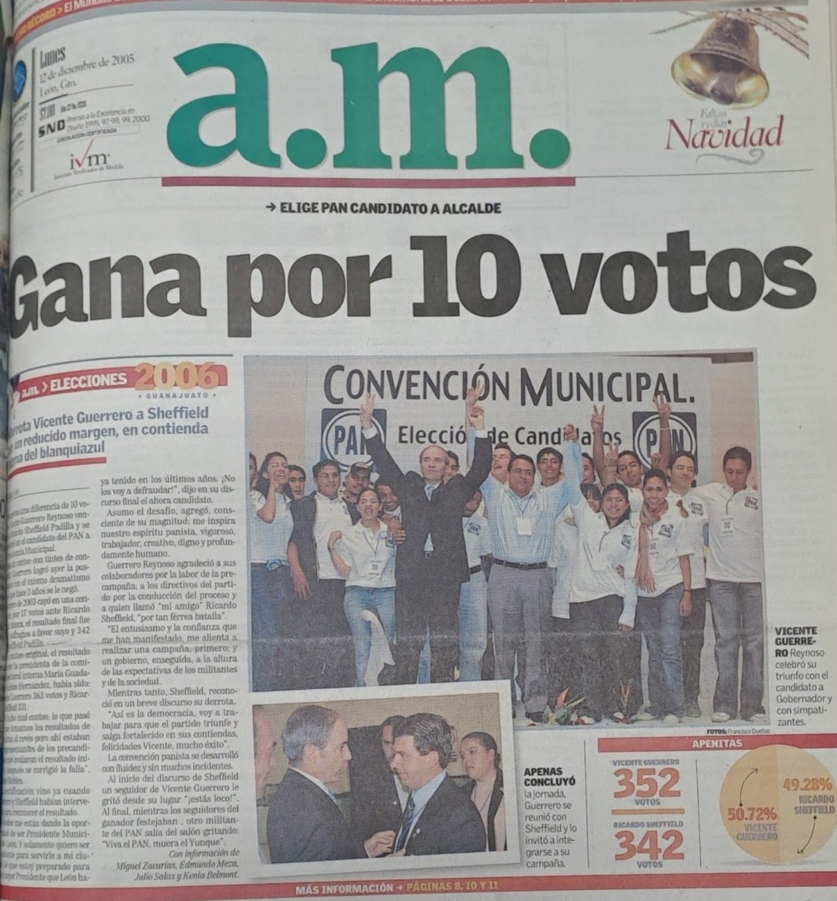 Portada del periódico a.m. con el titular «Gana por 10 votos» y la foto de la convención municipal del PAN