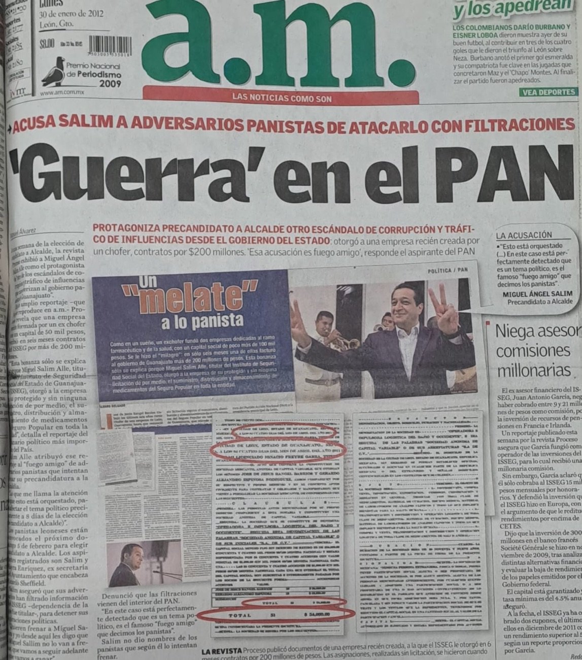 Portada del periódico a.m. con el titular «'Guerra' en el PAN» y el balazo «Acusa Salim a adversarios panistas de atacarlo con filtraciones»