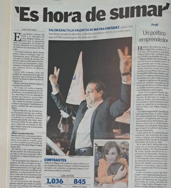 Página de periódico con el titular «'Es hora de sumar'», la foto de Miguel Salim con los brazos en alto y el resultado: 1,036 votos para Salim y 845 para Mayra Enríquez