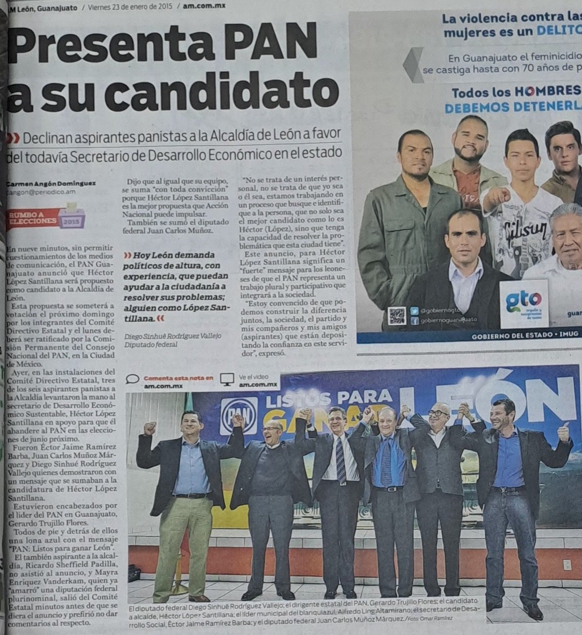 Página de periódico con el titular «Presenta PAN a su candidato» y la foto de los aspirantes panistas con las manos en alto bajo el lema «Líderes para León»