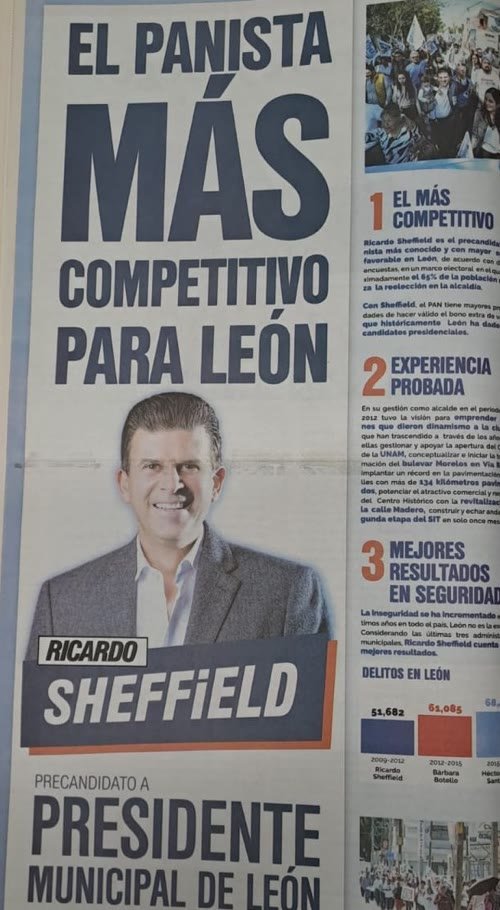 Desplegado con la foto de Ricardo Sheffield y el texto «El panista más competitivo para León. Precandidato a presidente municipal de León»