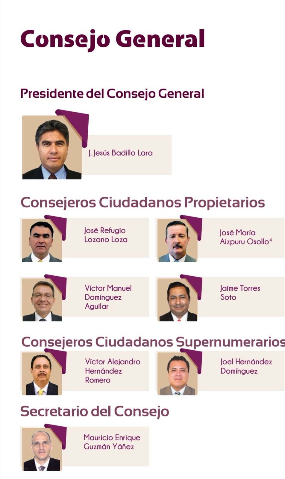 Página del Consejo General del IEEG con las fotografías del presidente, los consejeros propietarios y supernumerarios y el secretario.