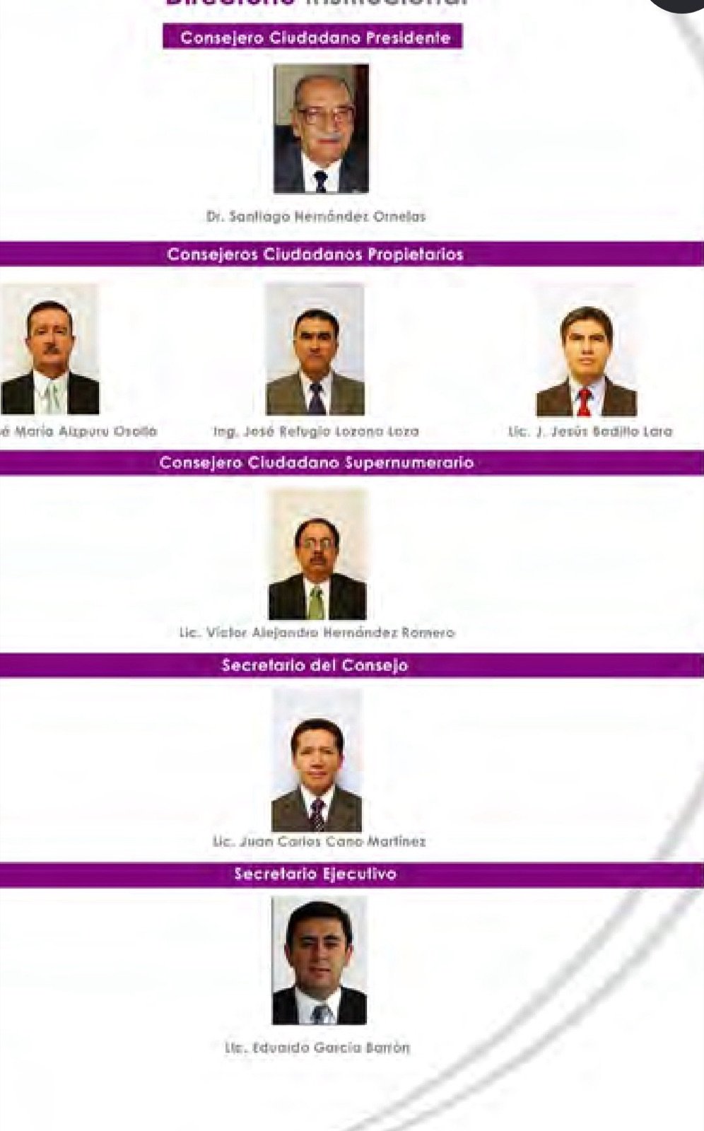Directorio institucional del IEEG con las fotografías del consejero presidente, los consejeros propietarios, el supernumerario y los secretarios.