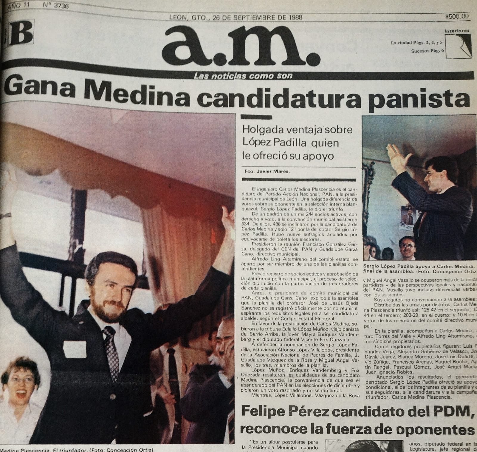 Portada de am del 26 de septiembre de 1988 con el titular «Gana Medina candidatura panista».