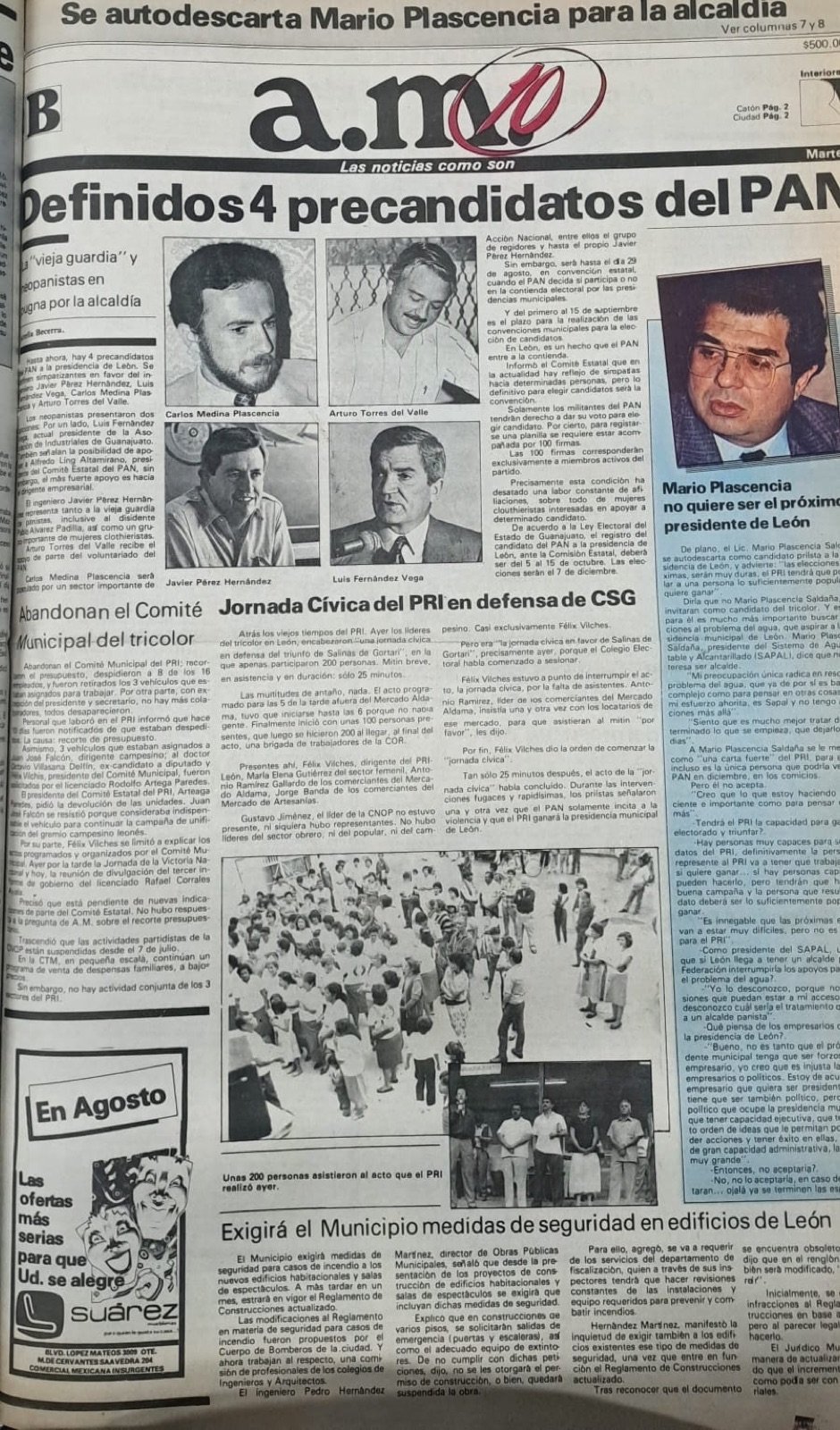 Portada de la sección B de am con el titular «Definidos 4 precandidatos del PAN» y los retratos de los aspirantes.