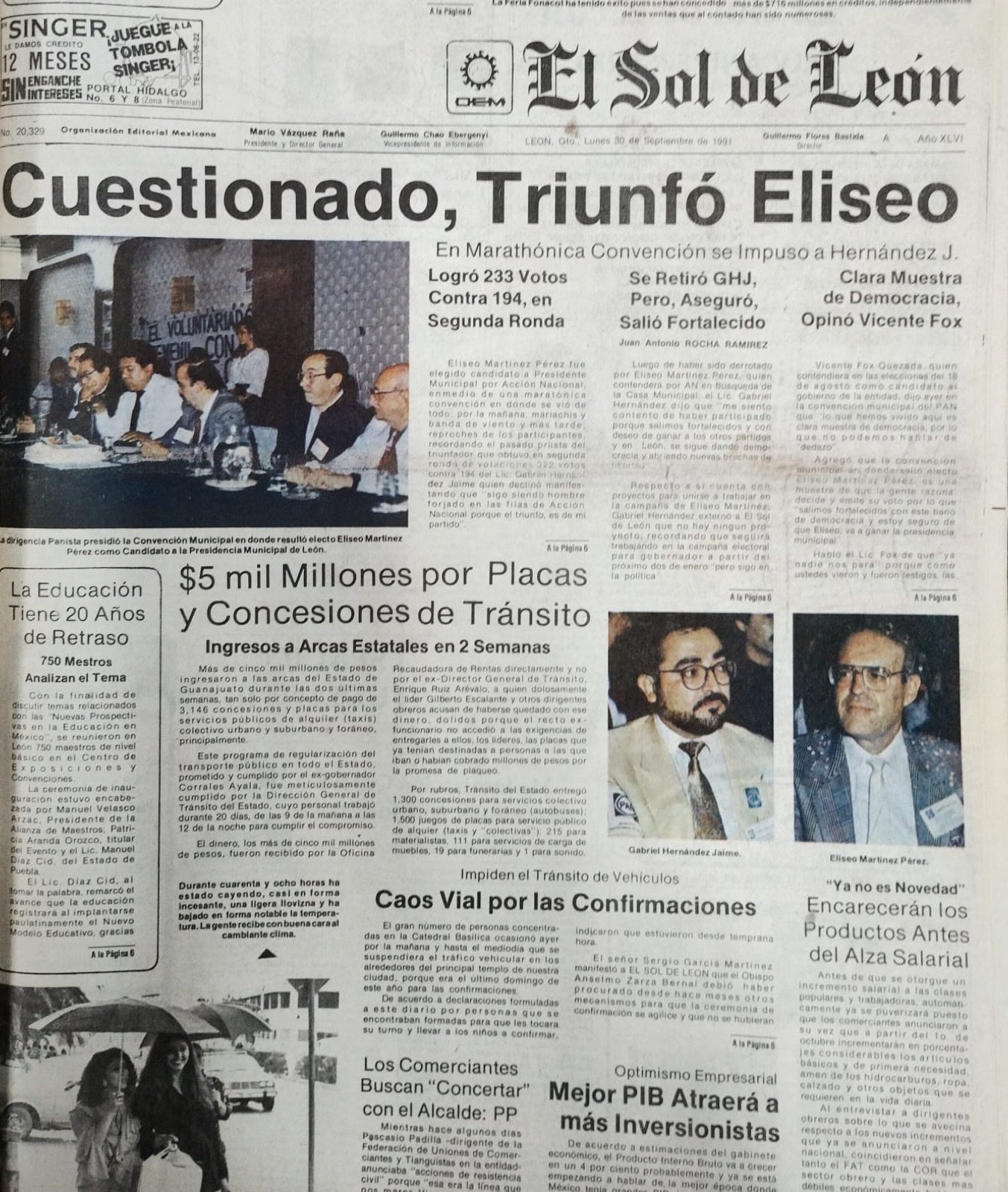 Primera plana de El Sol de León con el titular «Cuestionado, Triunfó Eliseo» y los retratos de Gabriel Hernández Jaime y Eliseo Martínez Pérez.