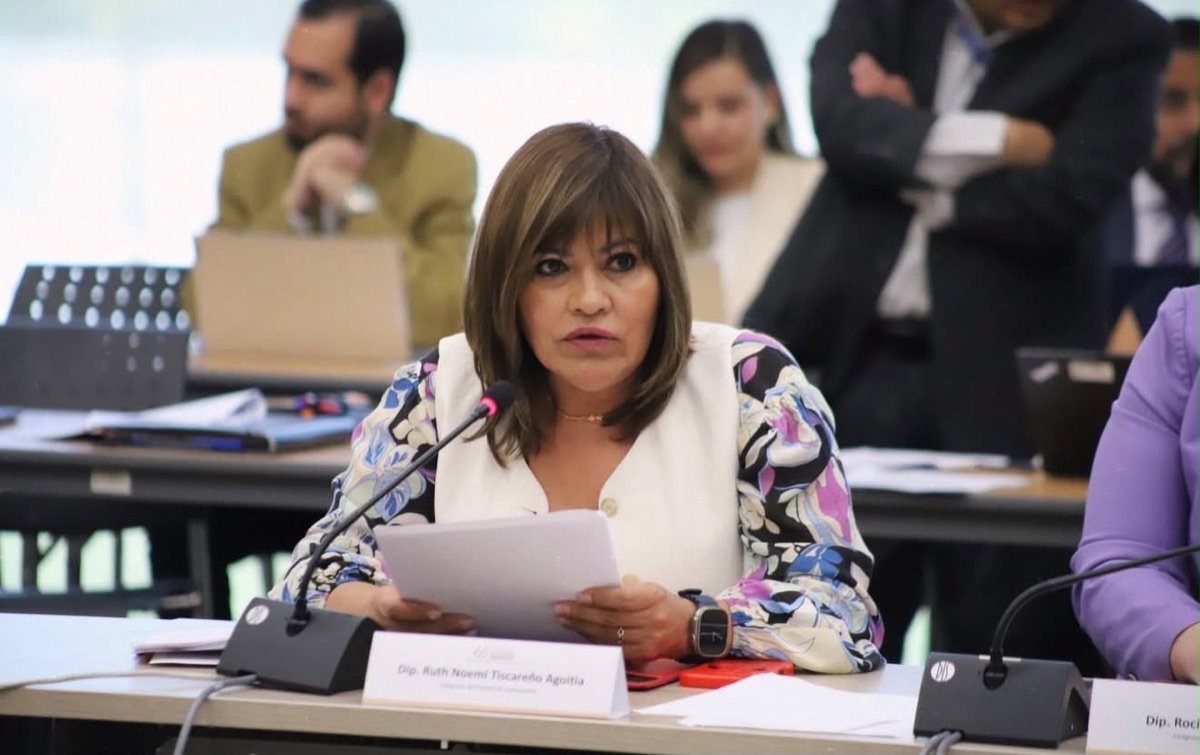 Ruth Noemí Tiscareño Agoitia lee un documento ante el micrófono en una sesión legislativa.