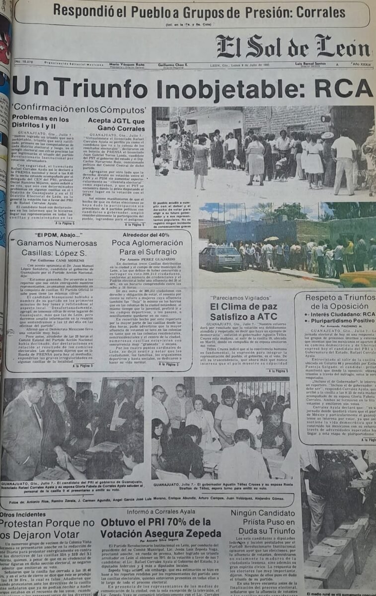 Primera plana de El Sol de León, 8 de julio de 1985.